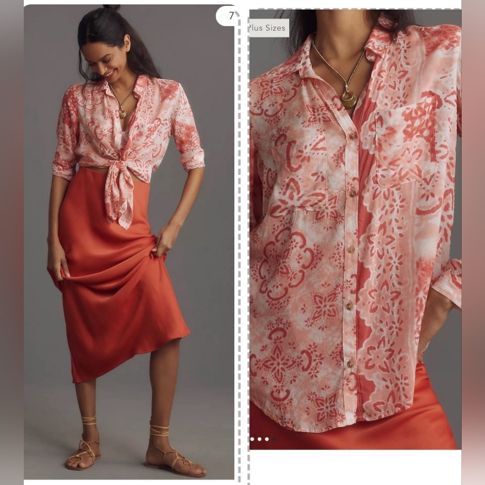 Anthropologie Pilcro The Romy Relaxed Buttondown Red motif blouse XL